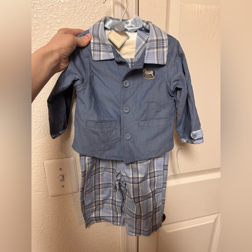 NWT First Impressions 3 Piece Plaid Easter Overall Suit Set- size 6-9months